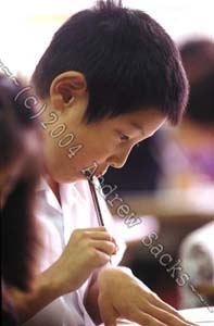 Boy ponders school work (Tokyo)