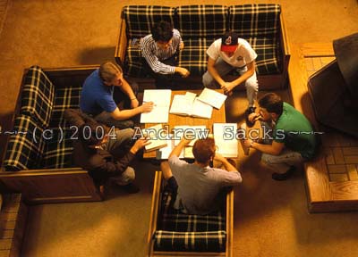 Four students study in dorm lounge